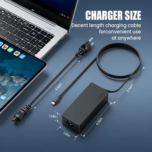 Vista 3 de Cargador para laptop de 65 W, USB tipo C, adaptador de CA de repuesto para HP Chromebook 14 13 X360 Spectre x360 Elite x2 EliteBook; Lenovo Yoga