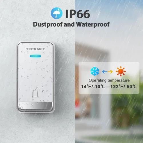 Vista 13 de TECKNET Timbre Inalámbrico, Timbre Autoalimentado, Timbre Inalámbrico de 0-110db con Enchufe para Casa y Aula, Timbre de Puerta Impermeable IP66