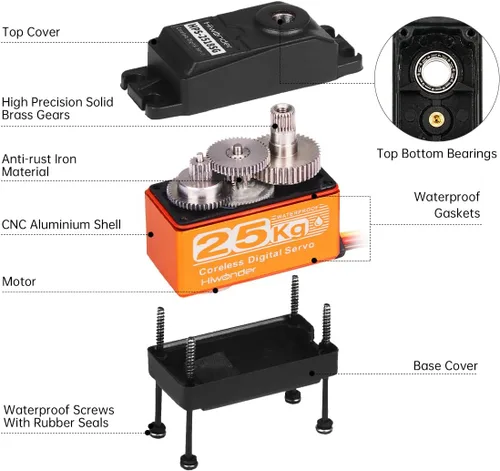 Vista 3 de Hiwonder - Servomotor servo de 55.1 lbs, resistente al agua, servo de alto par, motor sin núcleo de alta velocidad, servo de dirección de engranajes