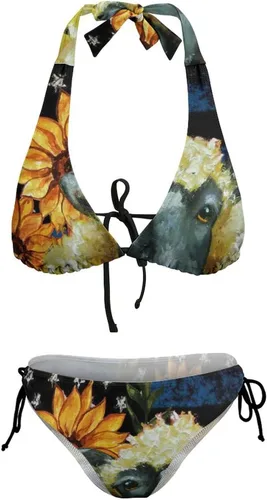 Vista 7 de Swimwear Girlfriend Push Up Flag Farm Sunflower Two Piece Wrap Adjustable Strap Halter Triangle Tie