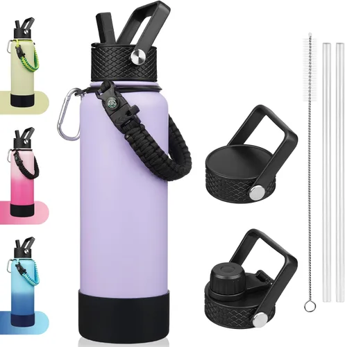 Vista 7 de BJPKPK - Botella de agua con tapa de popote, botellas de agua aisladas de 18 onzas con 3 tapas, asa de cuerda de paracaídas y base antideslizante