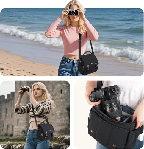 Vista 7 de MOSISO Bolsa pequeña para fotógrafos, bolsa de hombro para cámara DSLR/SLR, bolsa de hombro acolchada con solapa cruzada para fotografía para mujer
