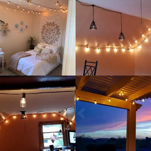 Vista 8 de Tira de luces Edison ST35 de 25 pies para patio al aire libre con 27 bombillas transparentes, 5 vatios/120 voltaje/base E12, cable blanco