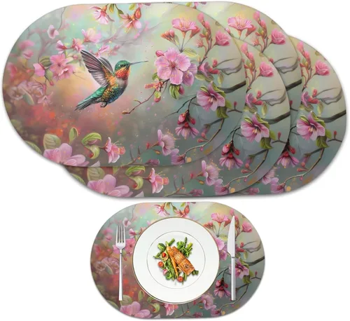 Vista 52 de Blue Flower Dining Table Mats Set of 2 Hummingbird Heat Resistant Placemats Washable and Wipeable Non Slip Place Mat, Waterproof Modern Dining Table