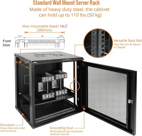 Vista 4 de Tecmojo Gabinete de red para montaje en pared de 12U para equipos de TI de 19 pulgadas, con puerta de malla con cerradura y paneles laterales