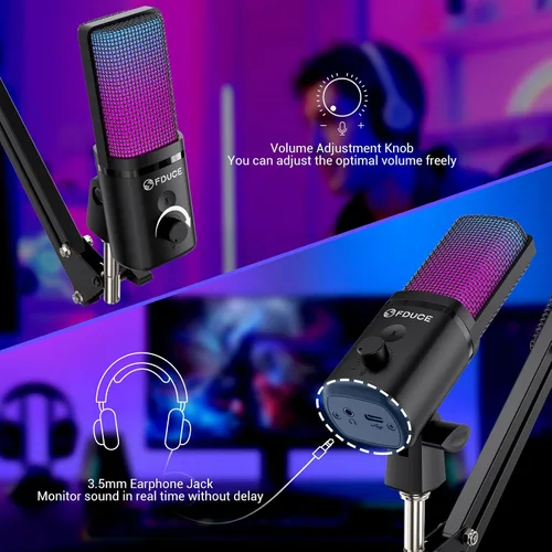 Vista 3 de FDUCE Micrófono USB para juegos RGB, micrófono condensador con silencio, ganancia, monitoreo, brazo de boom para transmisión, podcast, Twitch