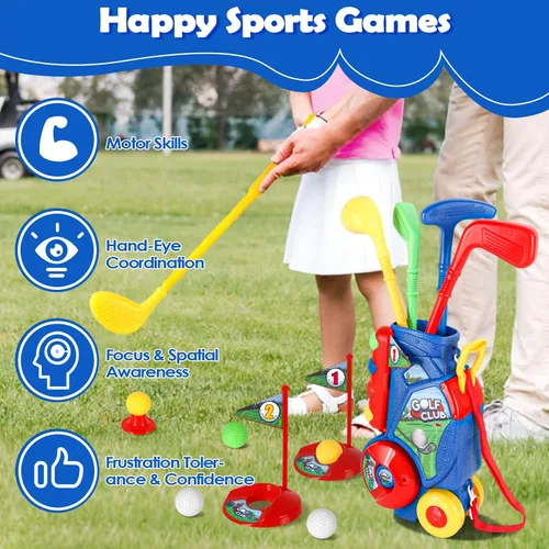 Vista 6 de SUPER JOY Juego de golf para niños pequeños, carrito de golf para niños con 4 palos y 8 pelotas, palos de golf para interiores y exteriores, palos