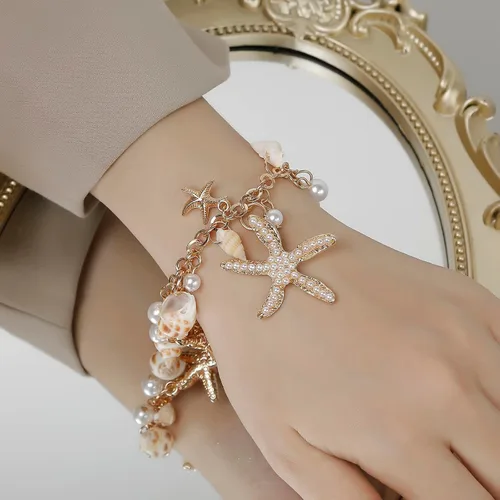 Vista 2 de Collar de estrella de mar de concha, pulsera de caracola, collar grueso de sirena, joyería de playa para mujer