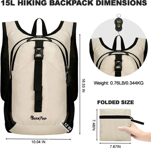 Vista 4 de Seektop - Mochila pequeña de 15L para senderismo para mujeres y hombres, mochila ligera y plegable para senderismo con bolsillo para teléfono