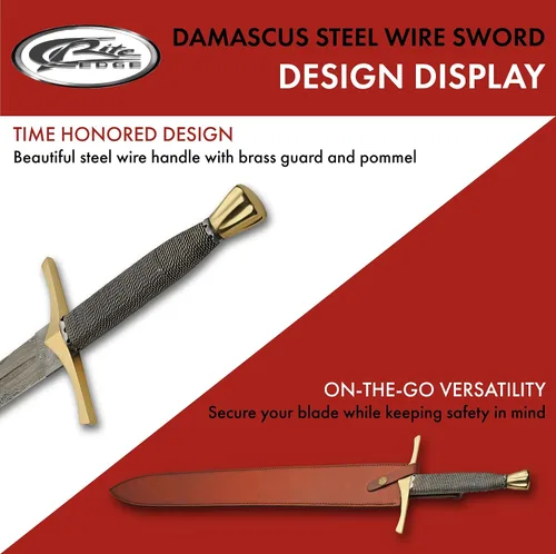 Vista 4 de SZCO Espada medieval de rey de 34.5 pulgadas, espada coleccionable de caballero con hoja de acero de Damasco, funda de cuero, protector de latón