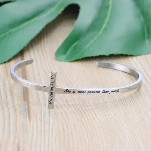 Vista 3 de Memgift - Brazalete en forma de cruz, pulsera religiosa, pulsera con versículo de la biblia, regalos cristianos, joyas para mujeres