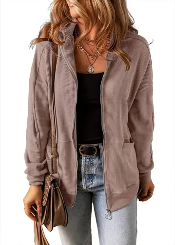 Vista 7 de Chaqueta de punto gofre para mujer, con cremallera, de gran tamaño, para otoño, con bolsillo