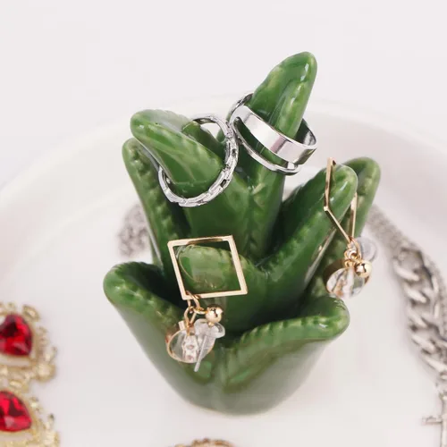 Vista 5 de Soporte para anillos de cactus verde, bandeja de joyería, collar, pulsera, organizador de cerámica para su madre novia, plato de 5 pulgadas