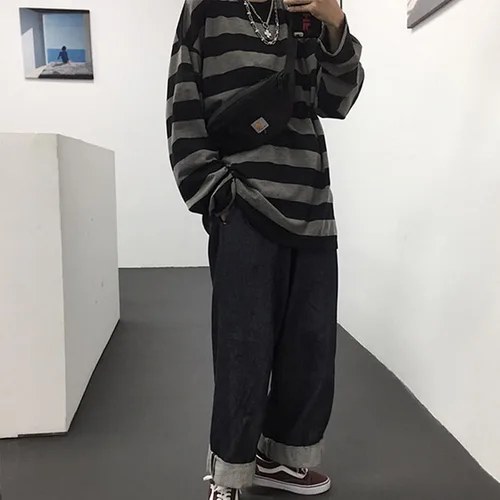 Vista 3 de Harajuku - Camiseta de manga larga con cuello redondo y rayas de gran tamaño para mujer