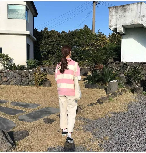 Vista 8 de Suéter Harajuku Moon para mujer, con cuello redondo, a rayas, para invierno, para estudiantes
