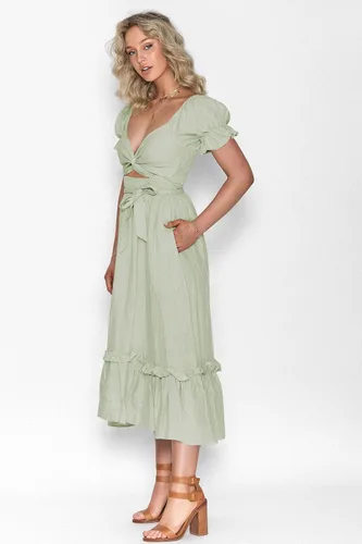 Vista 4 de ZAFUL Vestido largo bohemio 2023 para mujer, acampanado, con lazo en la cintura, vestido de verano con cuello en V profundo, vestido cruzado fruncido