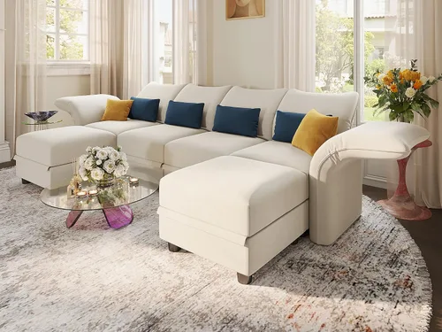 Vista 3 de LLappuil Sofá modular de gran tamaño en forma de U convertible de 6 asientos con respaldo alto con almacenamiento, suave y fácil de limpiar, sofá