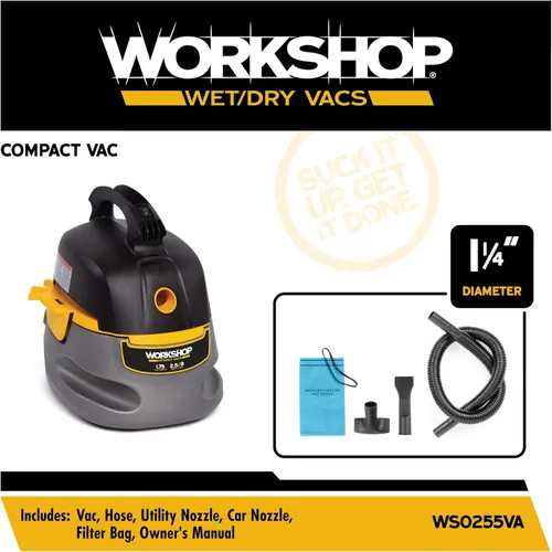Vista 2 de WORKSHOP Wet/Dry Vacs Aspiradora de taller WS0255VA, 2.5 galones, 1.75 pico HP, aspiradora portátil para húmedo y seco con bolsa de filtro, manguera