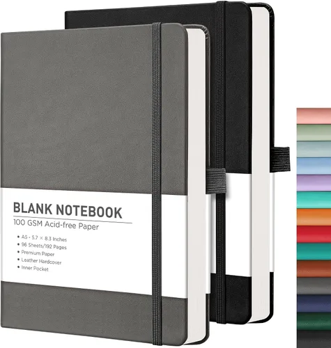 Vista 25 de RETTACY Lined Journal Notebook, 192 Numbered Pages per Pack, 5.7'' x 8.3'' 2-Pack, Leather Hardcover, 100 GSM Thick Paper, for Men & Women, Negro