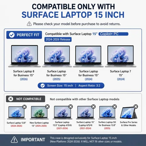 Vista 2 de Batianda Funda para portátil Microsoft Surface de 15 pulgadas para negocios 8ª edición 2026 y Surface Laptop 7 2024, carcasa protectora delgada