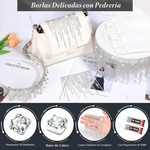 Vista 4 de ROADPLUM Flecos de diamantes de imitación con pegamento, borde de borla de diamantes de imitación, cadena de flecos de cristal de plata brillante