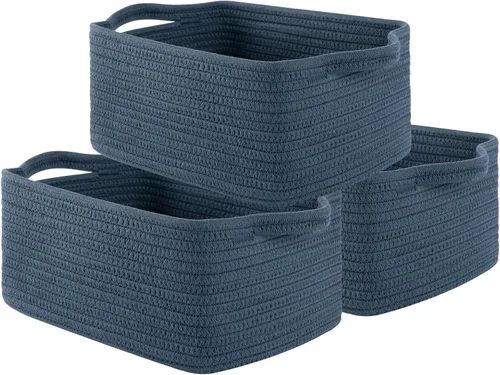 Vista 9 de OIAHOMY Cestas tejidas de cuerda de algodón para almacenamiento, cesta de almacenamiento rectangular para guardería con asas para estantes, paquete