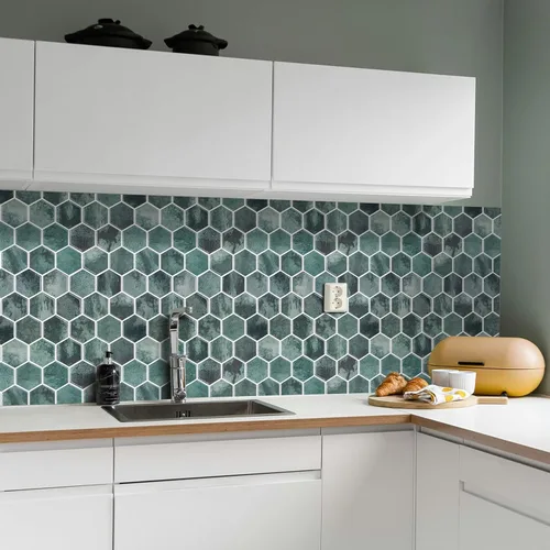 Vista 8 de 10 hojas de azulejos hexagonales autoadhesivos para salpicadero de cocina, nuevo diseño premium extra grueso 3D, azulejos de pared autoadhesivos