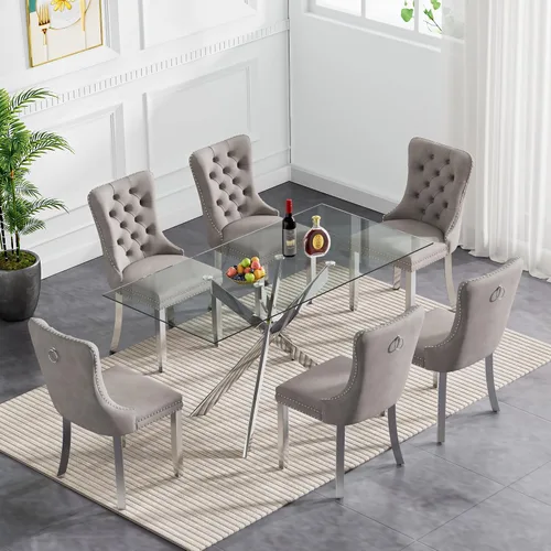 Vista 29 de Juego de mesa de comedor de cristal plateado moderno de 47 pulgadas para 2, juego de mesa de comedor de cocina redonda de 3 piezas con patas