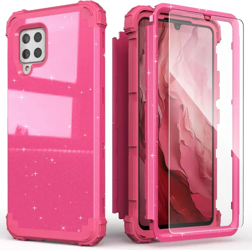 Vista 15 de IDweel Funda para Galaxy A42 5G con protector de pantalla de vidrio templado, híbrida 3 en 1, a prueba de golpes, resistente, cubierta de Negro