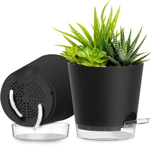 Vista 14 de Macetas de riego automático de 4 pulgadas, paquete de 6 macetas de plástico con agujeros de drenaje y platillos transparentes, macetas de plástico