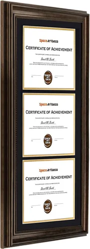 Vista 3 de Marco de tres certificados de 14 x 29 pulgadas con paspartú doble negro sobre dorado para (3) diplomas/grados de 8.5 x 11 pulgadas, ganchos
