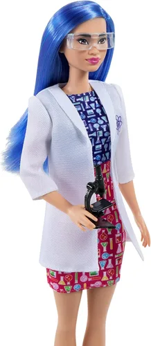 Vista 3 de Muñeca Barbie de Carreras y Accesorio de Moda, Científica con Cabello Azul Usando Bata de Laboratorio y Zapatos Planos con Microscopio