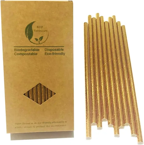 Vista 3 de Paquete de 100 popotes de papel de aluminio dorado, desechables, de oro metálico, pajitas biodegradables de cóctel para cumpleaños, bodas