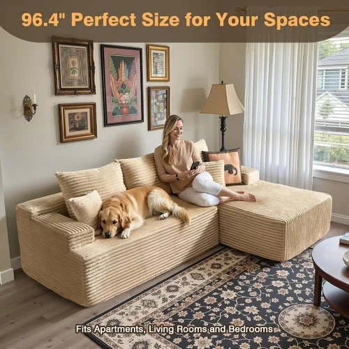 Vista 6 de Sofá modular Cloud de 96 pulgadas con tumbona, asiento profundo en forma de L, moderno sofá cama sin hueso, no requiere montaje, sofás sin hueso
