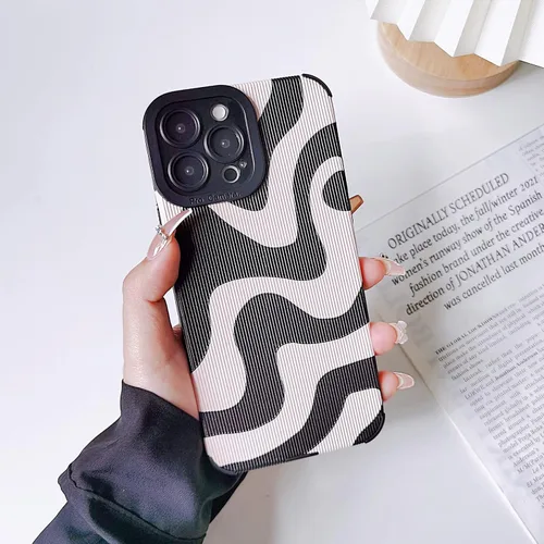Vista 5 de Funda diseñada para iPhone 14 Pro, diseño de patrón de ondas, para mujer, funda protectora de piel sintética negra, funda protectora de silicona