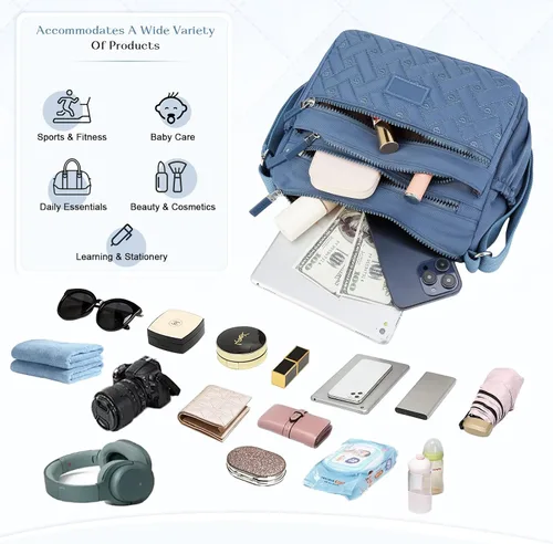 Vista 5 de Bolso cruzado para mujer, multibolsillo, de nailon, impermeable, ligero, casual, bolso de hombro