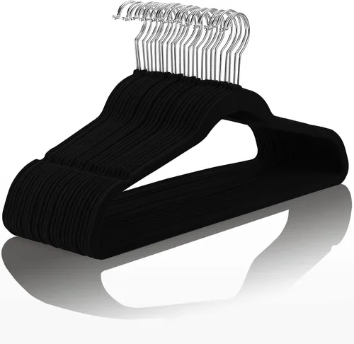 Vista 18 de MIZGI Paquete de 30 perchas de terciopelo de alta calidad, resistentes, antideslizantes, delgadas, perchas de terciopelo negro, ganchos dorados