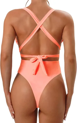 Vista 7 de Traje de baño de una pieza para mujer con control de abdomen y cuello en V, traje de baño sin espalda