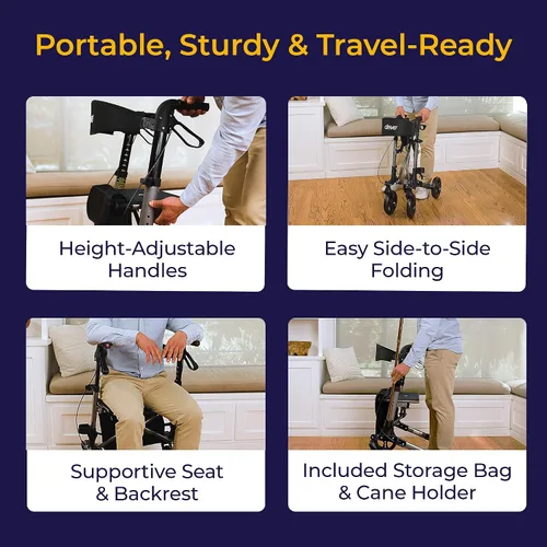 Vista 3 de Drive Medical Andador compacto plegable - Andador plegable liviano para personas mayores, andador de 4 ruedas con asiento y frenos, andador de viaje