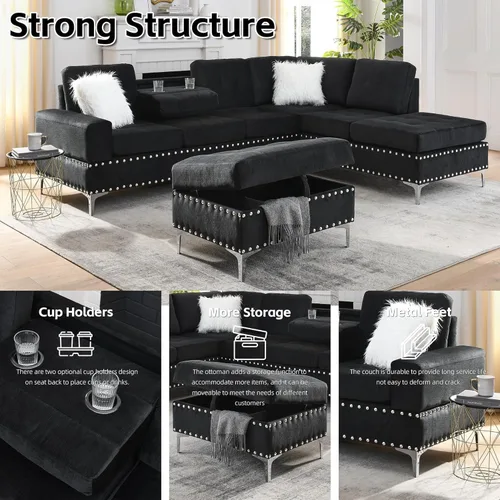 Vista 2 de DEINPPA Juegos de muebles de sala de estar, sofá modular reversible en forma de L, otomano de almacenamiento y portavasos, sofá tapizado