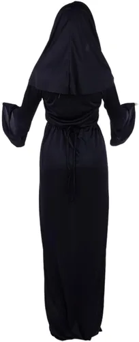 Vista 5 de Disfraz de monja para adultos, bata negra con velo, cuello y cinturón para Halloween