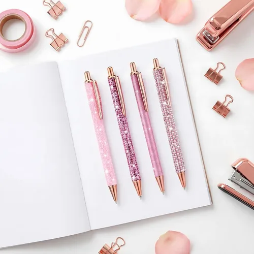 Vista 4 de Ireer 4 bolígrafos brillantes de diamantes de imitación para mujer, bolígrafo de tinta de metal con purpurina de cristal con 4 recambios de 0.039