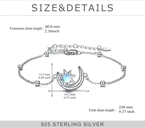 Vista 5 de KQF Pulsera de plata de ley con diseño de luna y luna creciente para mujer, joyería para adolescentes y niñas