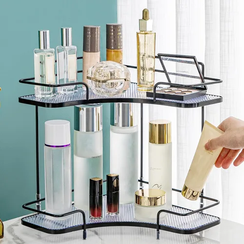 Vista 6 de Seoneiro Organizador de esquina de 2 niveles para encimera de baño, organizador cosmético para el cuidado de la piel, bandeja de perfume