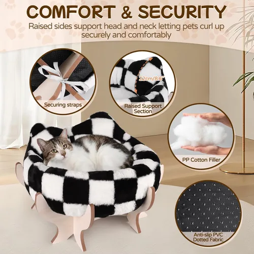 Vista 3 de Cama elevada para gatos de interior, sofá cama para mascotas con cojín esponjoso extraíble, soporte de madera, sofá elevado para gatos de 18 x 11