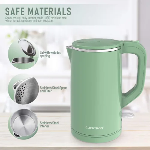 Vista 2 de COOKTRON Hervidor Eléctrico de 1.7L Silencioso, Hervidor de Agua Caliente de Doble Pared Libre de BPA, Tetera de Hervido Silencioso y Tacto Fresco