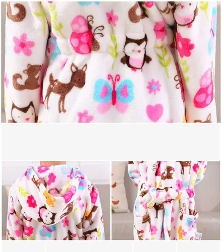 Vista 4 de Batas de baño con capucha para niñas, forro polar coral suave con estampado de animales para niños