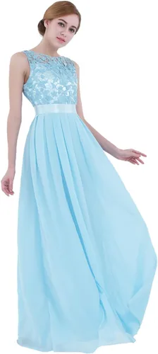 Vista 2 de dPois Vestido de dama de honor de gasa sin mangas para mujer, elegante, de encaje, formal, largo, para fiesta de noche