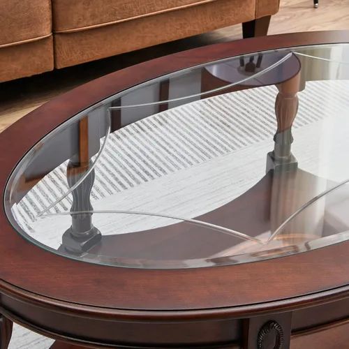 Vista 7 de Mesa de centro tradicional con parte superior de vidrio templado y estante de almacenamiento, marco de madera maciza para sala de estar, centro