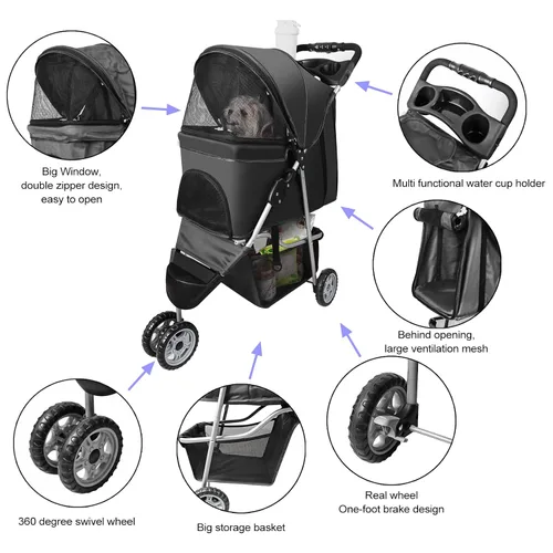 Vista 2 de Cochecitos para mascotas para perros y gatos pequeños, medianos y pequeños, cochecito de perro de 3 ruedas, plegable, flexible, fácil de llevar